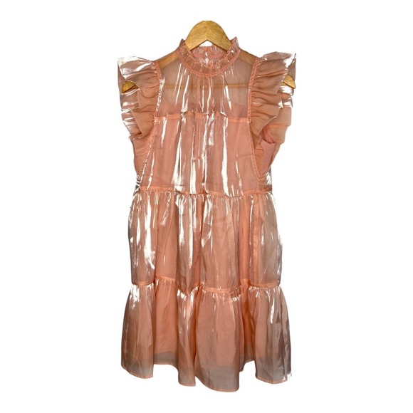 Entro Pink Ruffle Sleeve Tiered Mini Dress High Neck Party Women Size Medium NWT - Picture 3 of 14